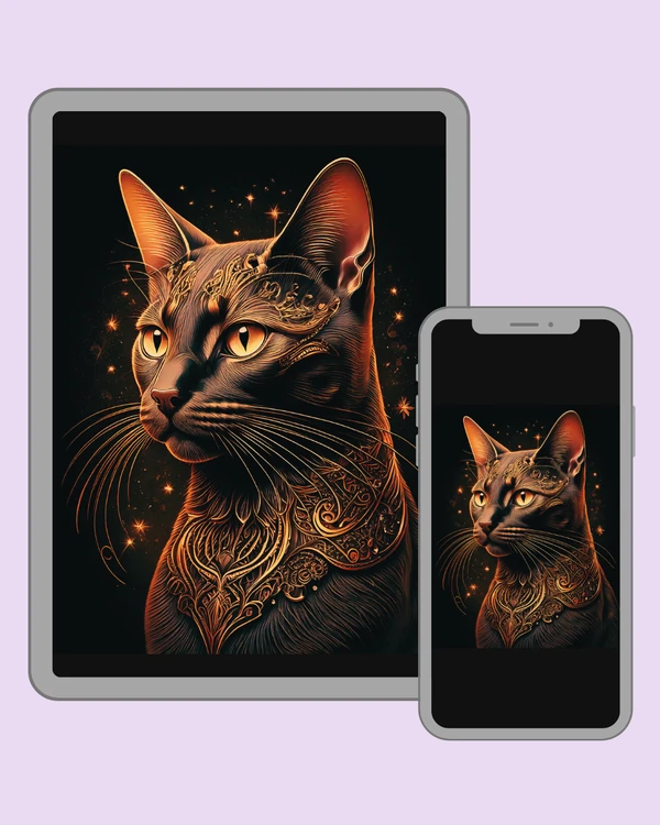 Regal cat portrait with ornate glowing orange details on a deep black background