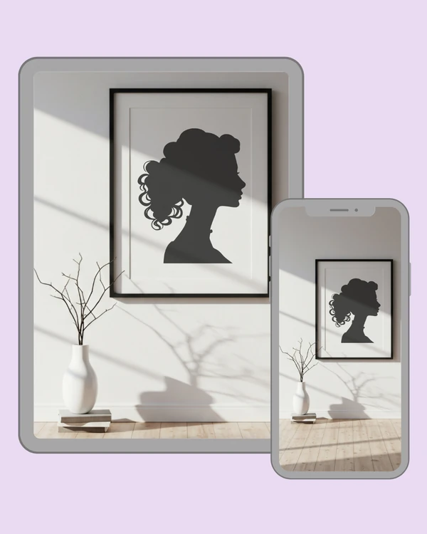 Elegant woman silhouette portrait with curly updo in a minimalist sunlit interior