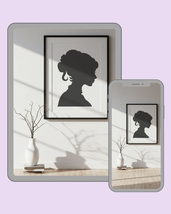 Delicate woman silhouette portrait with vintage updo in a serene sunlit minimalist interior