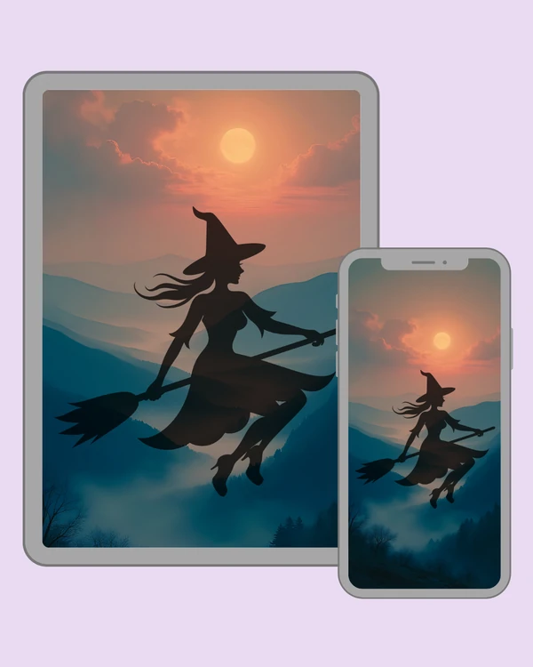Flying witch silhouette against a warm glowing moon and dreamy blue mountain landscape