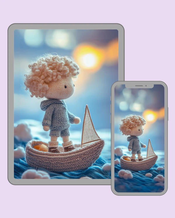 Knitted boy in a sailboat on a dreamy blue ocean