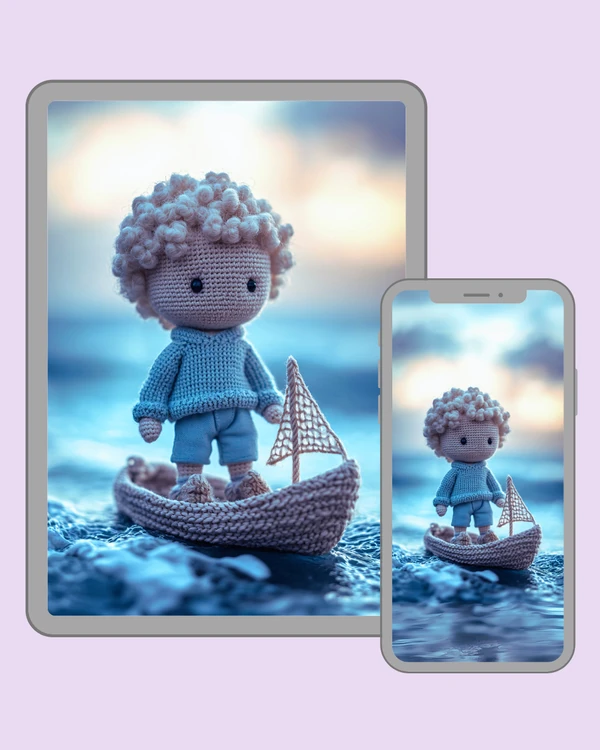 Crochet boy in a sailboat on a soft blue sea