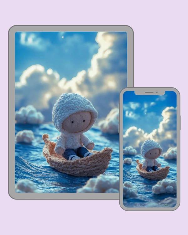 Hooded crochet doll sailing beneath bright fluffy clouds