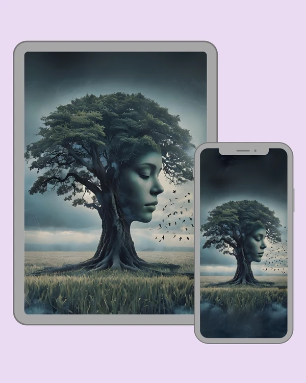 Dark tree woman beneath a moody blue sky