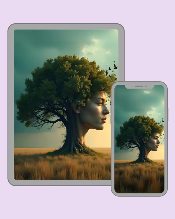 Tree woman in a warm golden landscape