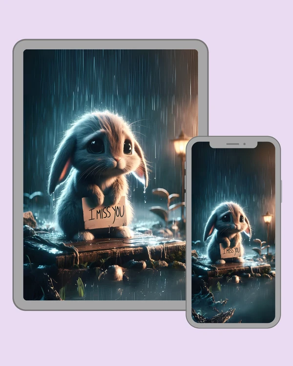 Sad bunny holding an I miss you sign in the rain