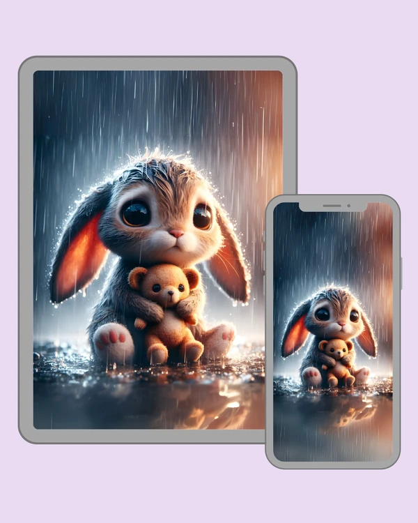 Cute bunny hugging a teddy bear in the rain