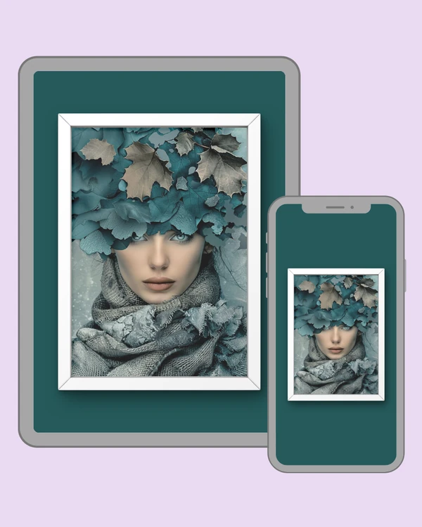 Woman framed by layered cyan and silver leaves