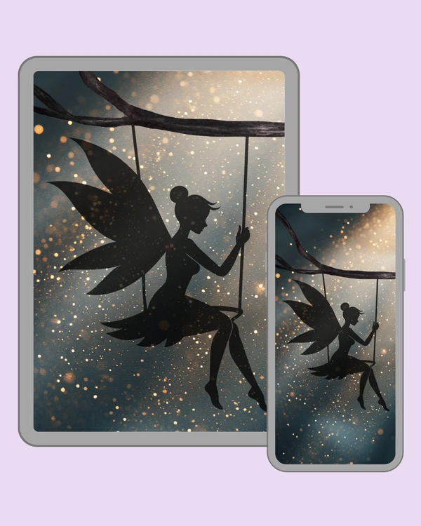 Fairy silhouette on a swing surrounded by golden lights