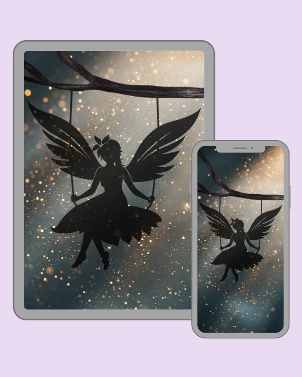 Fairy silhouette with wide wings against sparkling twilight