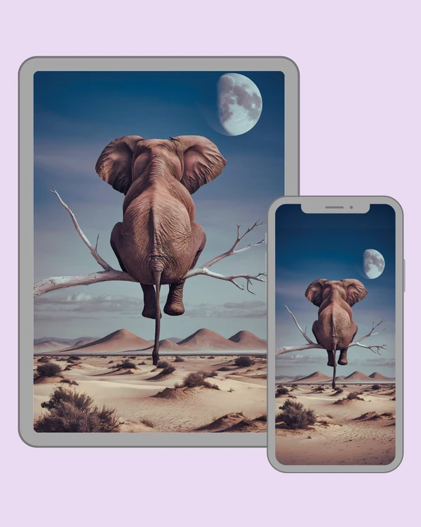Elephant perched on a bare branch beneath a moonlit desert sky