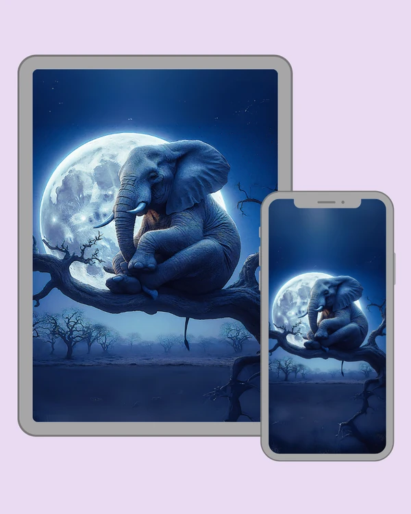 Elephant perched peacefully on a branch beneath a luminous full moon