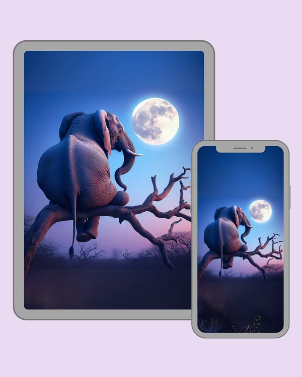 Elephant sitting on a twisted branch beneath a dreamy moonlit sky