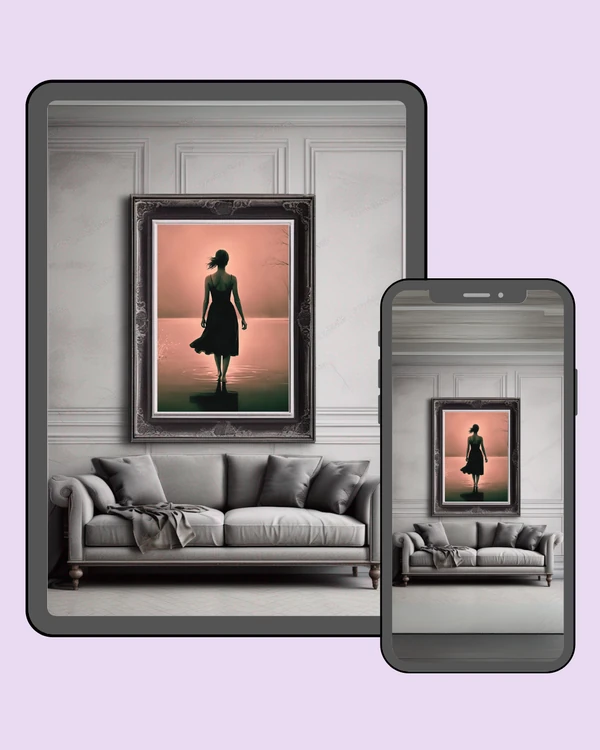 Woman in a black dress standing above still water beneath a peach-toned sky