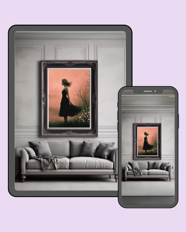 Woman in a flowing black dress standing among grasses beneath a warm peach sky