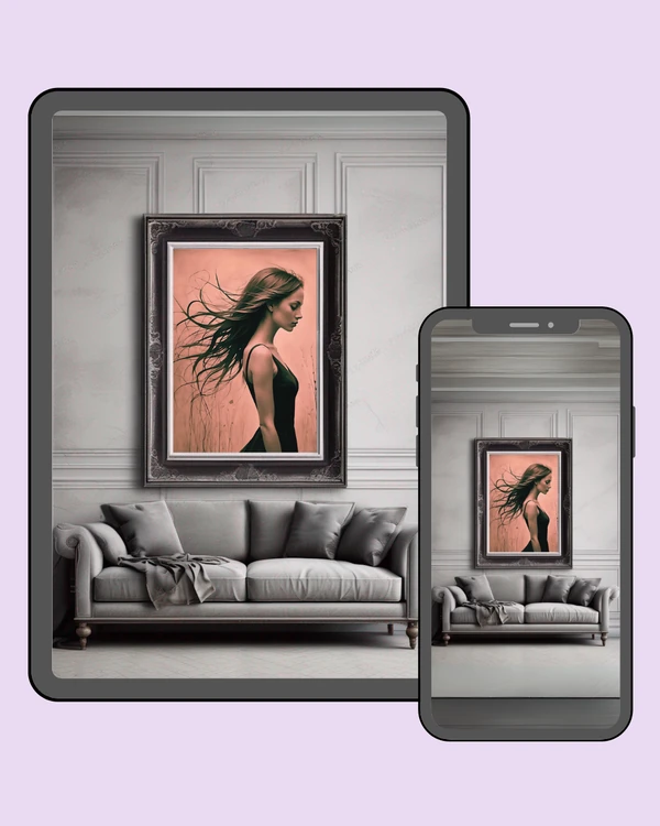 Side portrait of a woman with long windswept hair against a soft peach background