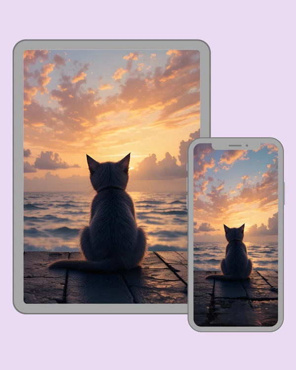 Cat gazing toward a warm pastel sunset across the ocean