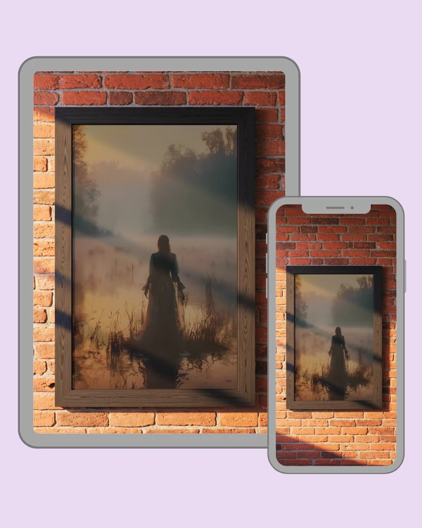 A mysterious woman stands quietly in misty water surrounded by warm evening light