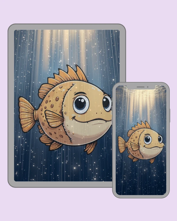 Playful round fish floating through a softly sparkling blue scene