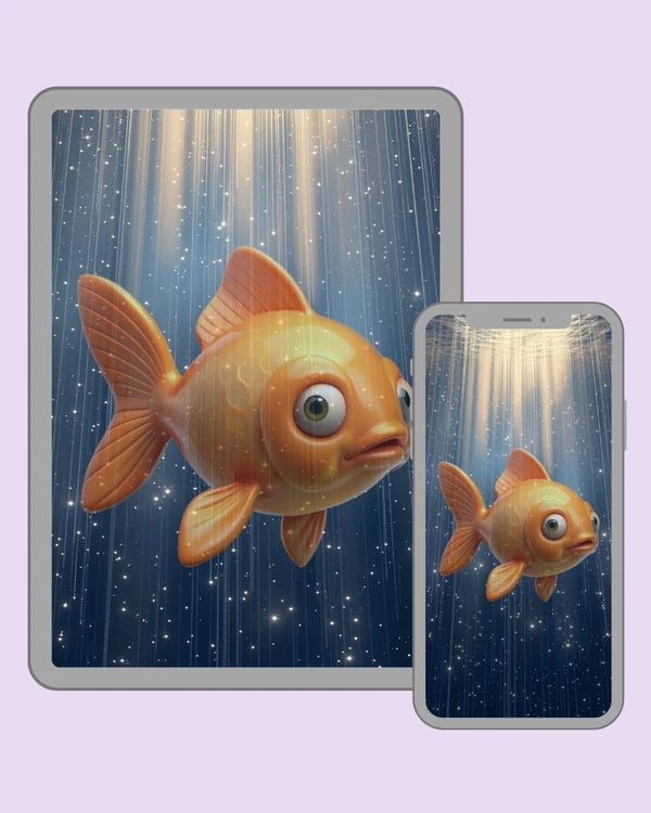 Big-eyed golden fish drifting through a magical sparkling scene