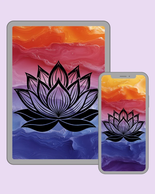 Layered lotus with elegant pointed petals over a vibrant fluid gradient background