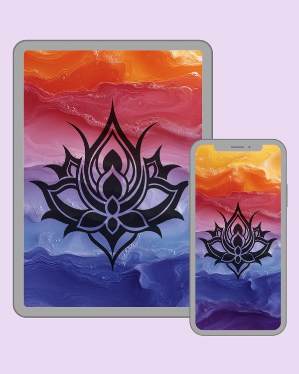 Bold stylized lotus emblem over flowing sunset colors fading into deep violet