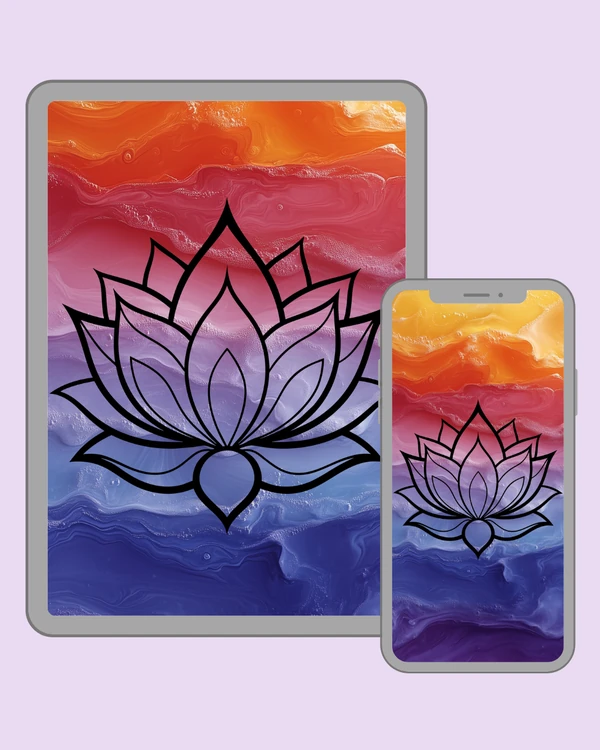 Minimal outlined lotus with broad petals over a softly flowing multicolor background