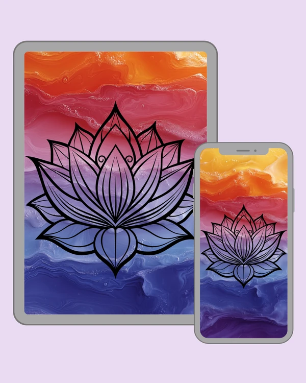 Elegant layered lotus line art with delicate curls over warm-to-cool flowing colors