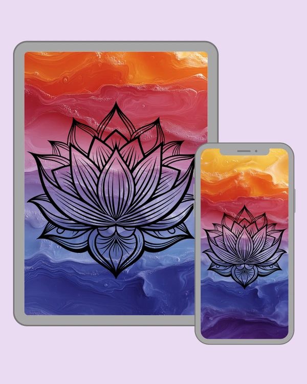 Detailed symmetrical lotus with fine petal lines over a vivid sunset-toned abstract background