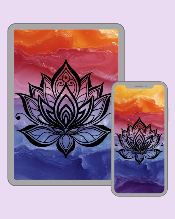 Stylized ornamental lotus with sweeping leaves over layered pink and blue fluid textures