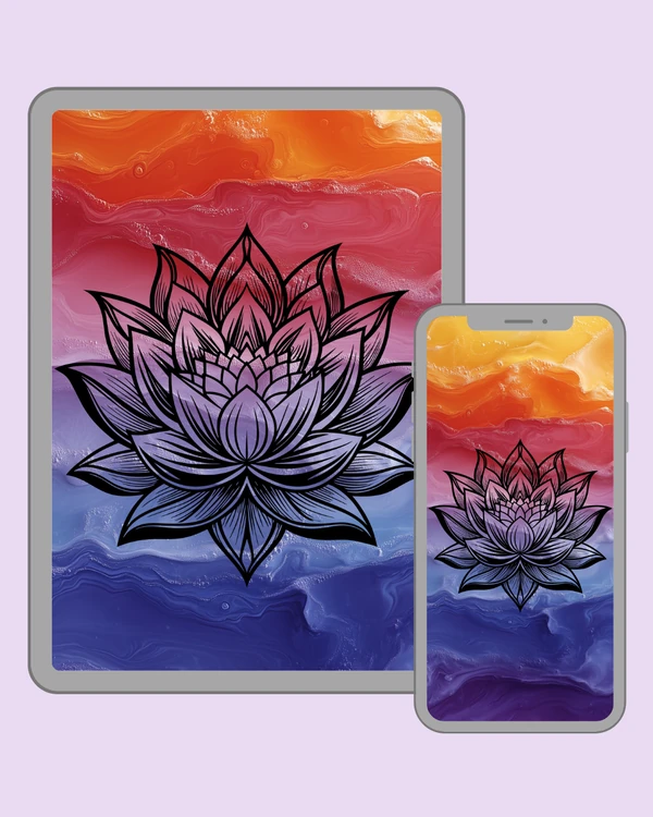 Intricate blooming lotus with finely detailed petals over a colorful flowing background