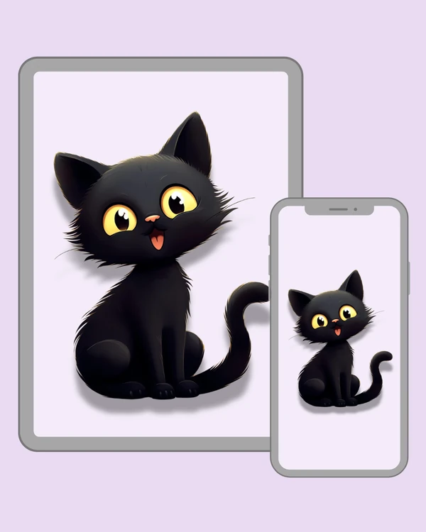 Cute cartoon black cat with huge golden eyes, a playful expression and curled tail on a soft pale background