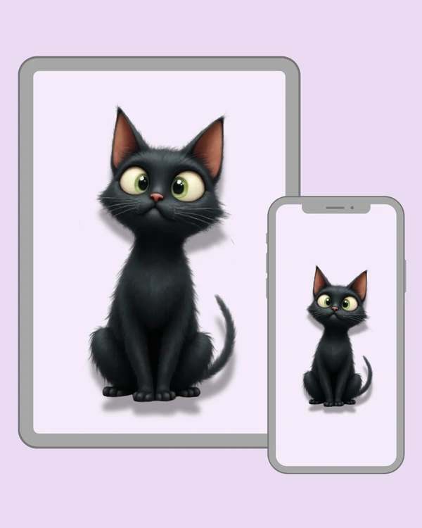 Adorable slender black cat with large green eyes and a curious expression on a minimalist pale background