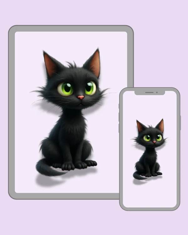 Fluffy black cat with bright green eyes, a tiny pink nose and an irresistibly sweet expression