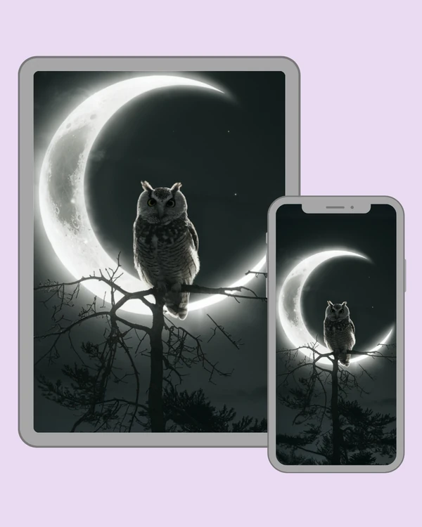 Owl perched on a bare branch beneath a glowing crescent moon