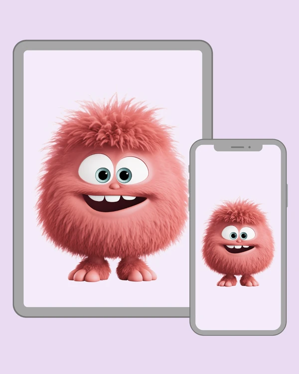 Round pink monster with huge blue eyes and a cheerful little grin