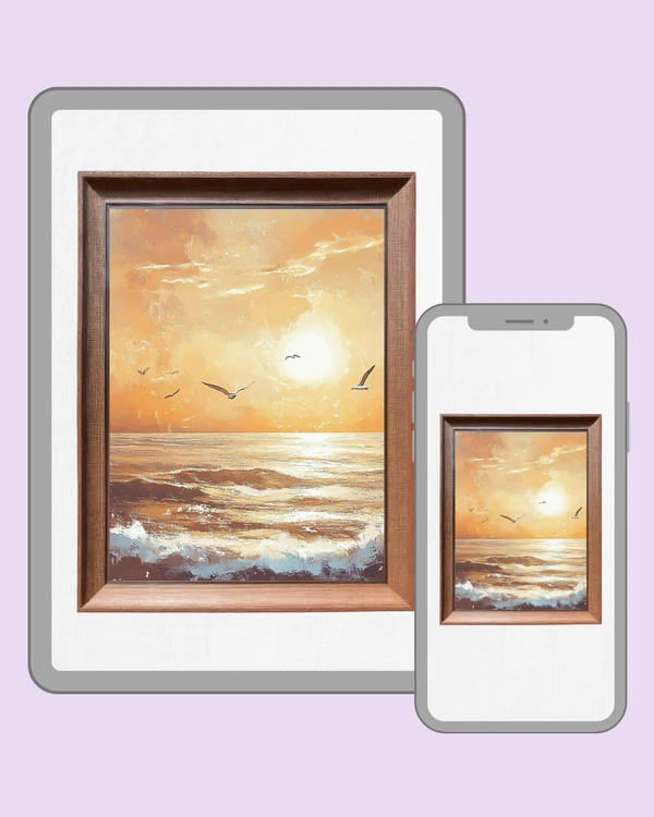 Golden ocean sunset with rolling waves and seagulls gliding across the glowing sky