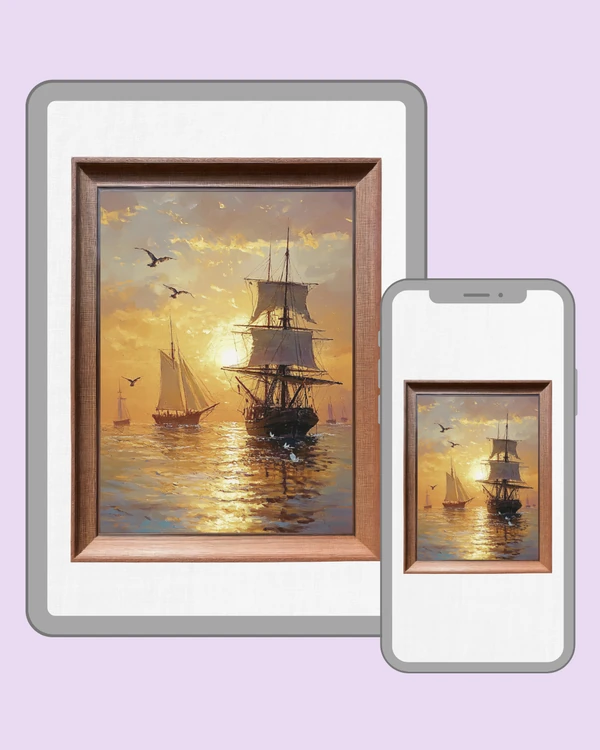 Sailing ships drifting across calm waters in the warm light of a golden sunset