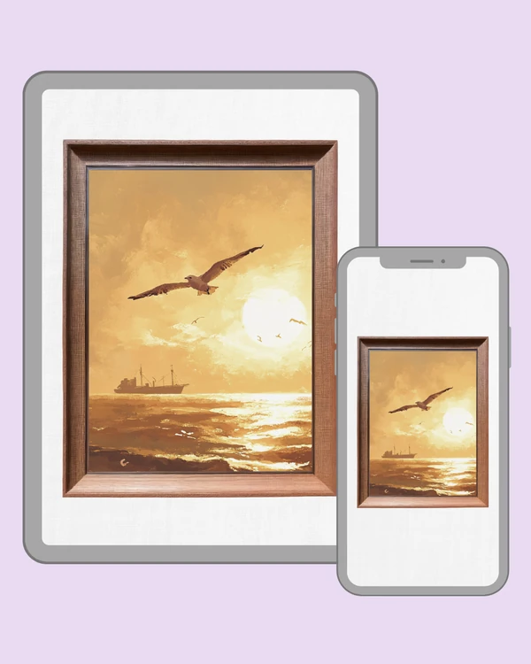 Seagull soaring above a golden ocean with a distant ship on the horizon