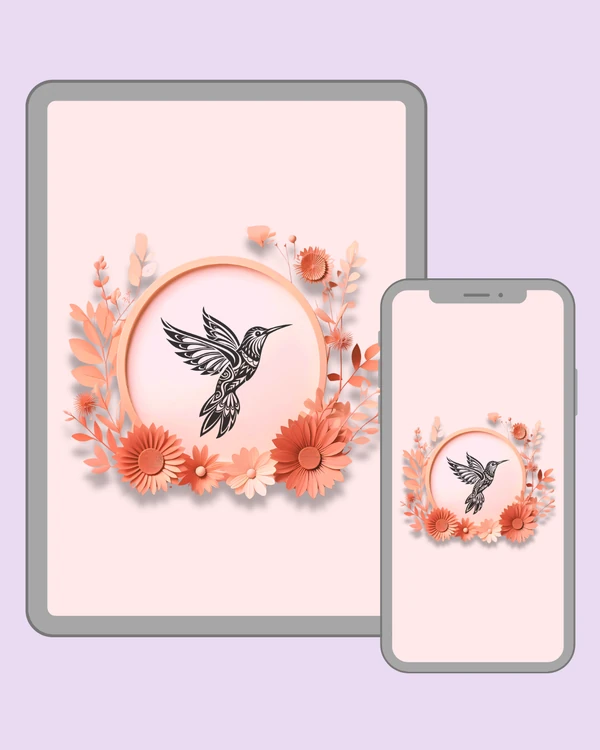 Ornamental hummingbird with beautifully patterned wings in a soft floral frame