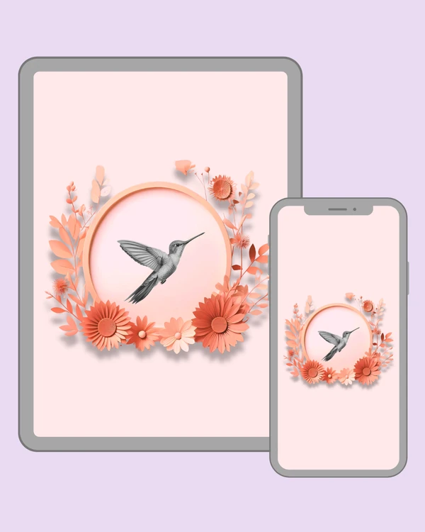 Realistic hummingbird in gentle flight surrounded by a romantic peach floral frame