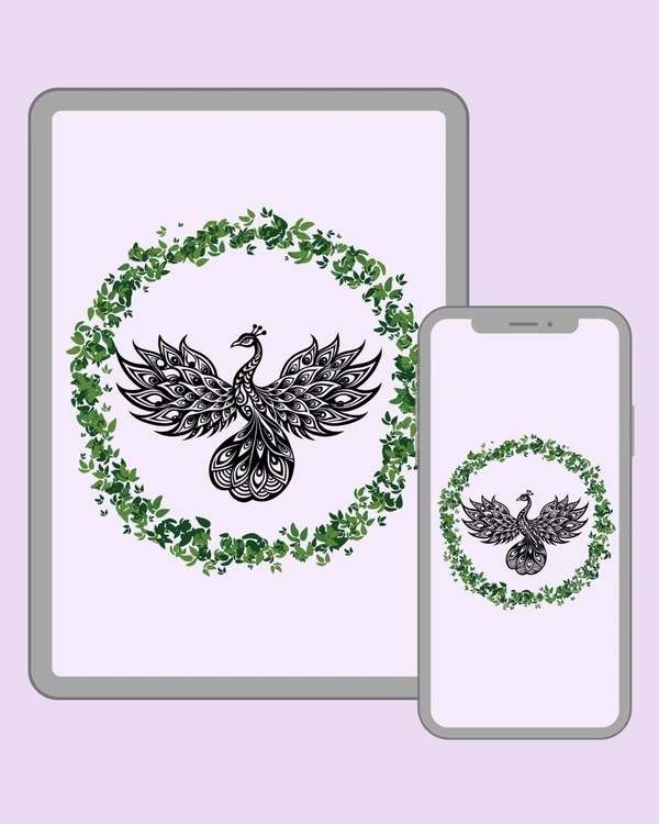 Majestic black peacock with wings spread wide in an intricate symmetrical design