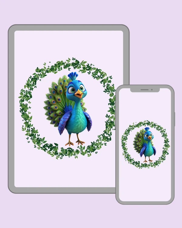 Cute blue and turquoise peacock with a vibrant green feather fan and big expressive eyes
