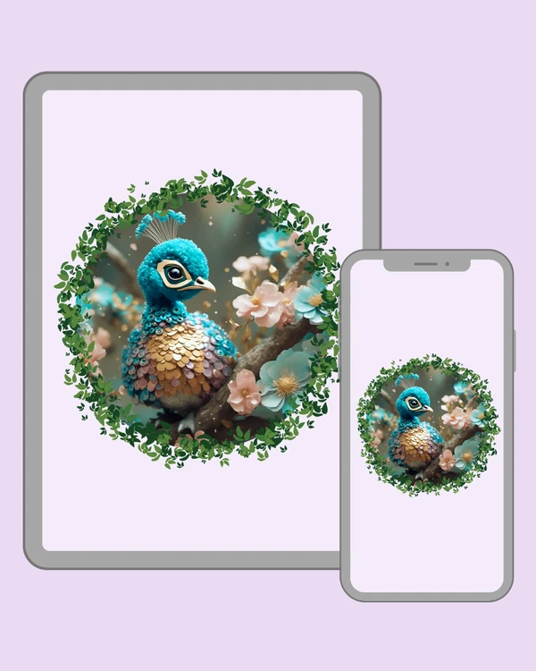 Dreamy jeweled peacock perched among delicate pastel blossoms in a magical garden