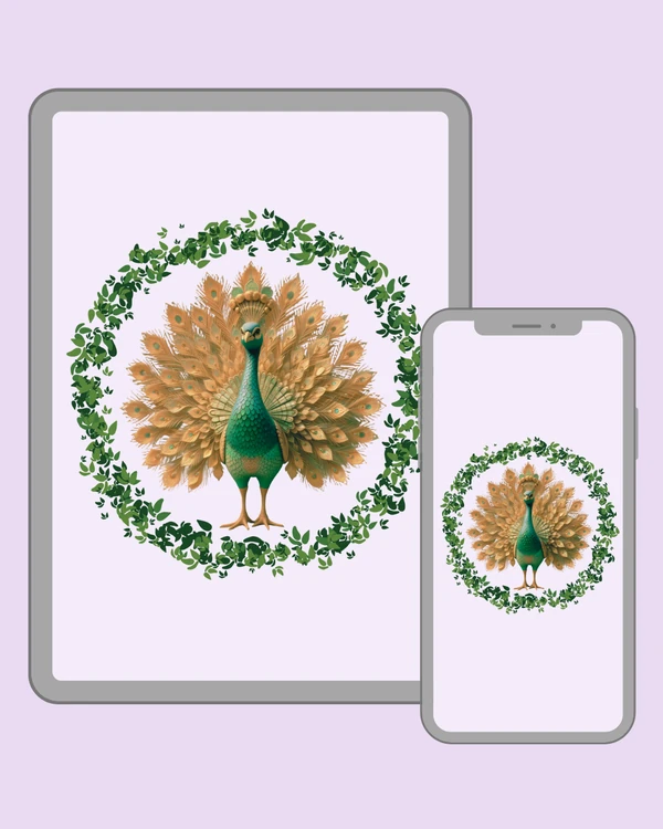 Elegant emerald peacock displaying a magnificent fan of soft golden tail feathers
