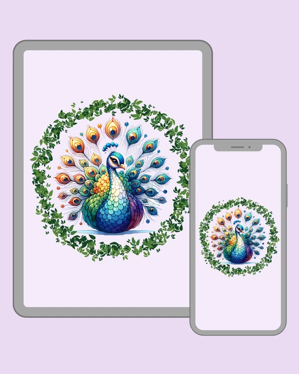 Whimsical rainbow peacock with intricate colorful plumage and ornamental eye feathers