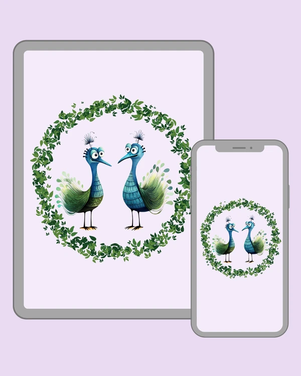 Quirky illustrated peacock pair with long blue necks and whimsical green tail feathers