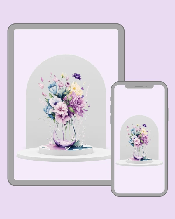 Delicate watercolor bouquet in soft purple, blue and yellow tones arranged in a glass vase