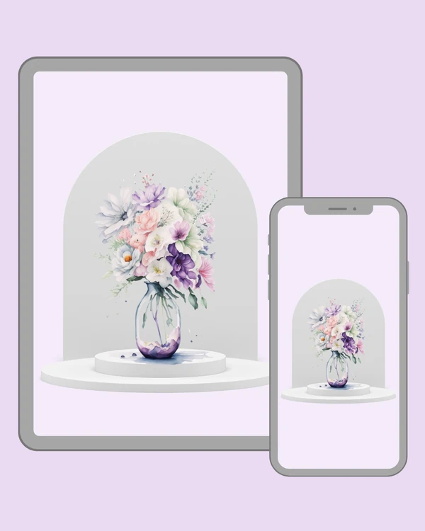 Airy pastel flower arrangement with soft pink, lavender and white blossoms in a glass vase