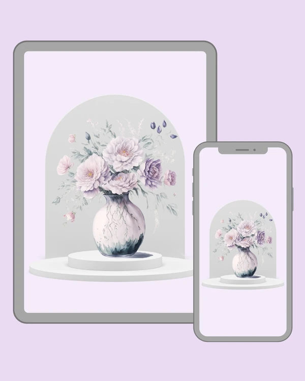 Dreamy pastel bouquet of pale pink and lavender flowers in a softly shaded ceramic vase